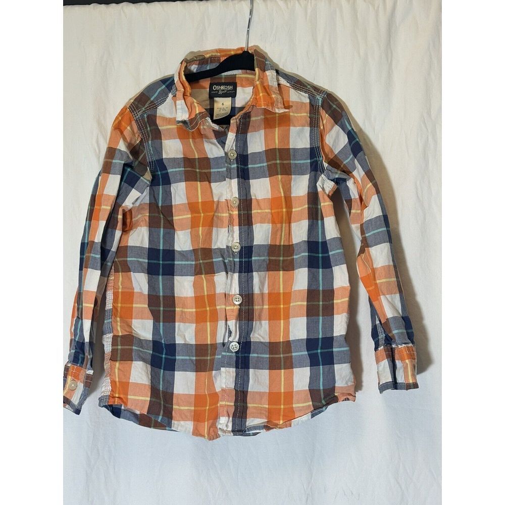 Genuine Kids Oshkosh‎ Boys Size 6 Orange Blue Plaid Button Down Long Sleeve B17